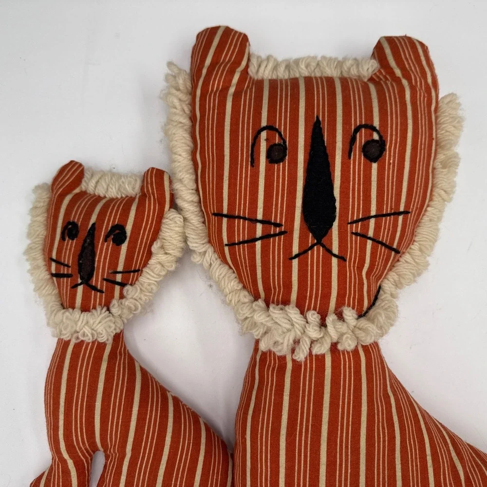 Vtg Handmade Primitive Stuffed Cat Dolls Orange Ticking Stripe Folk Art Pillows